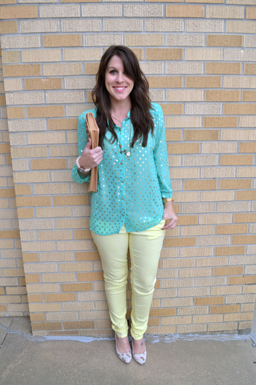 mint polka dot with yellow denim
