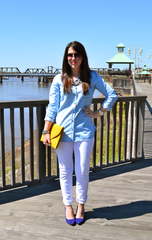 Denim Shirt with White Denim Pants | Southern Flair
