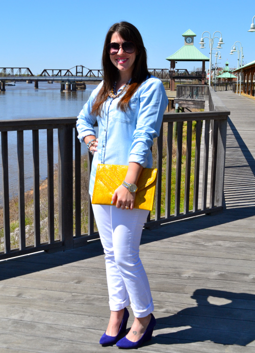 Denim Shirt with White Denim Pants | Southern Flair