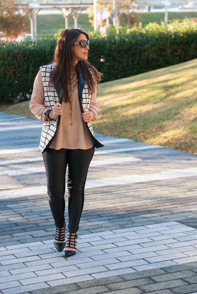 Layering with black and white vest