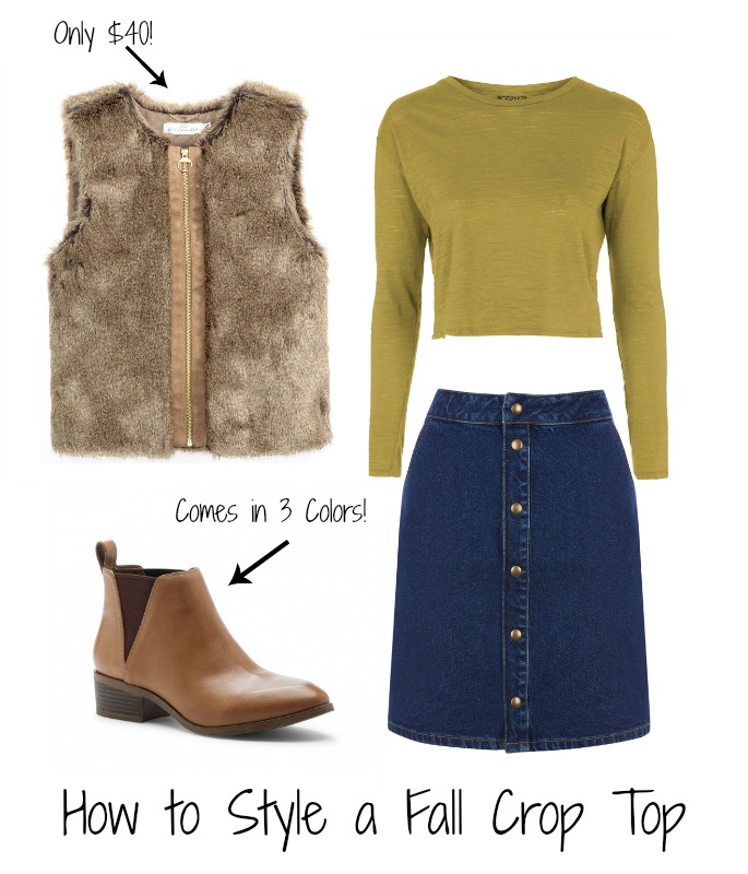How to Style a Fall Crop top - Pair a long-sleeve crop top with a denim skirt, fur vest, and ankle booties for the perfect fall look!