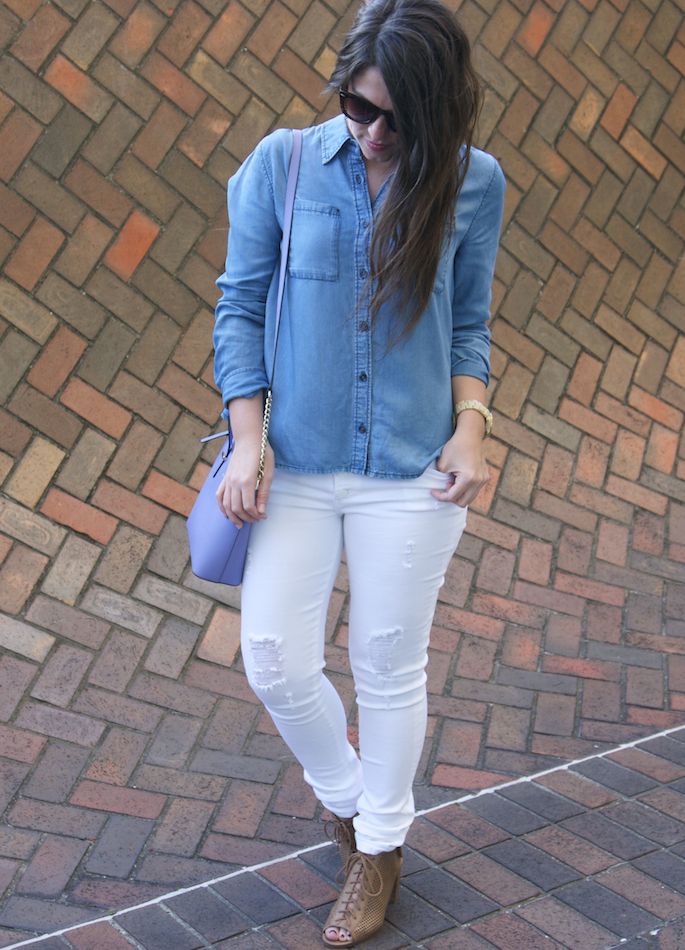 The perfect spring outfit on a budget with Wild Blue. Ripped white denim jeans with denim blouse by Sadie Robertson.