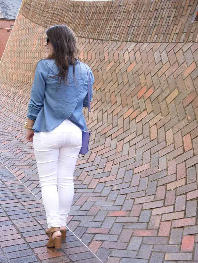 The perfect spring outfit on a budget with Wild Blue. Ripped white denim jeans with denim blouse by Sadie Robertson.