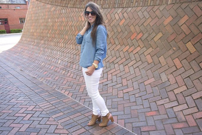 The perfect spring outfit on a budget with Wild Blue. Ripped white denim jeans with denim blouse by Sadie Robertson.