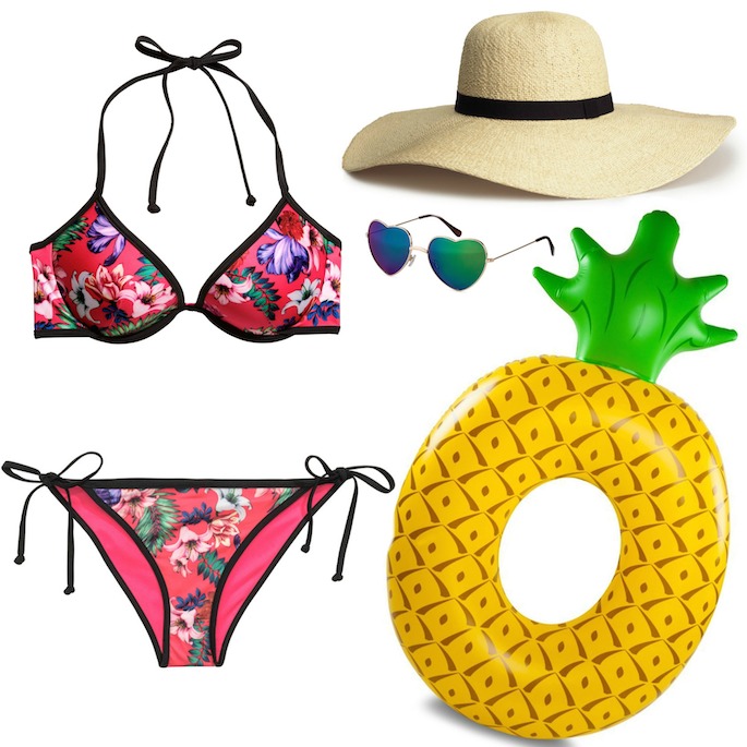 The cutest floral bikini paired with a floppy hat a pineapple pool float!