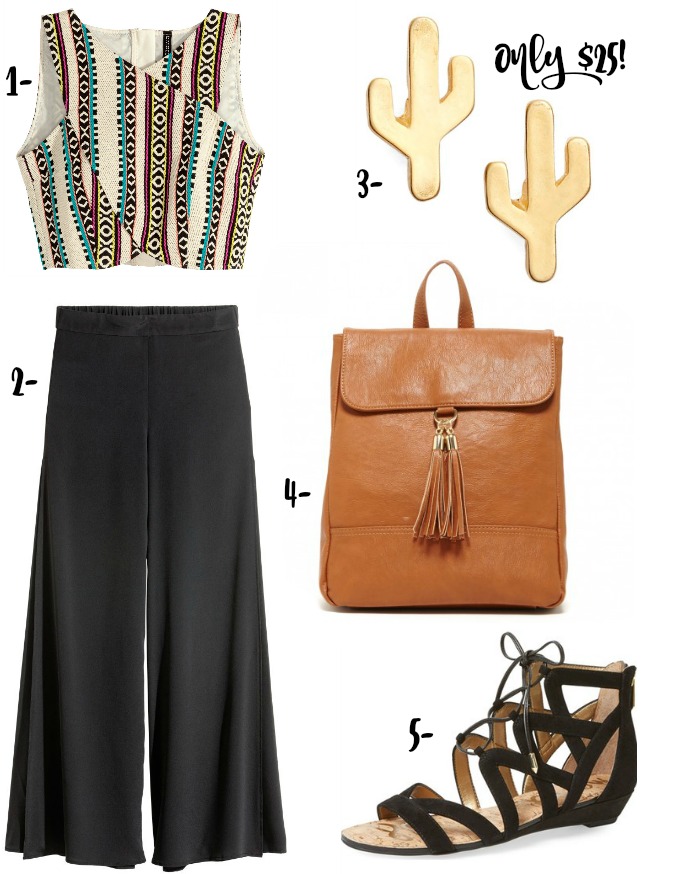 Coachella-inspired or festival season outfit with wide leg pants, crop top, backpack, sandals and cactus earrings!