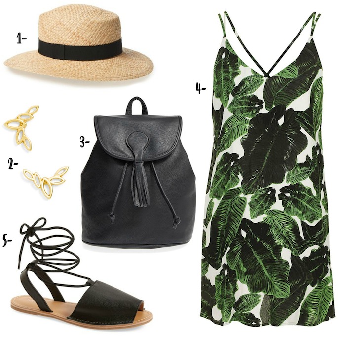 The perfect tropical tourist outfit for summer beach trips! Palm Print Dress, comfortable lace-up flats, a straw hat, and a faux leather backpack!