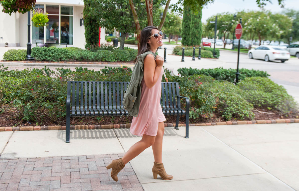 Pink Dress paired with a lightweight cargo vest for easy fall transitions | Southern Flair