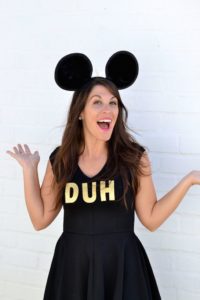 Easy Mean Girls 'I'm A Mouse, Duh' Halloween Costume! Pair of mouse ears, black dress and glitter letters! See more in this post!