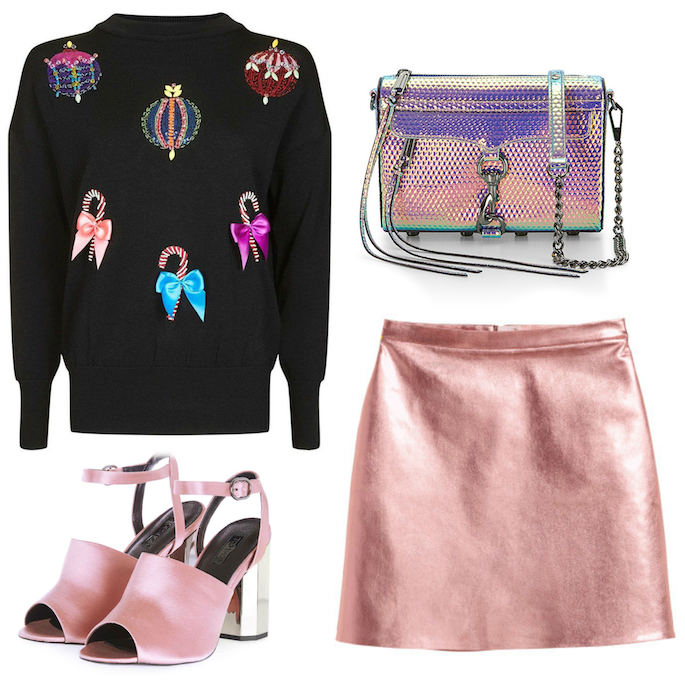Ornament Ugly Christmas Sweater - Holographic Clutch, Pink Satin Heels and Pink Mini Skirt