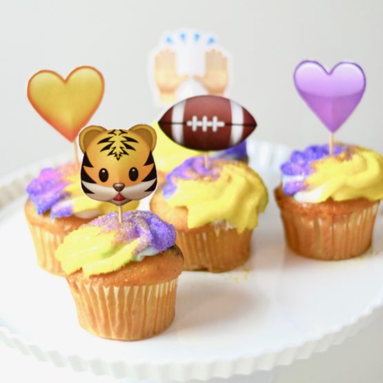 DIY LSU Football themed cupcake toppers -- the cutest little tailgate treat!